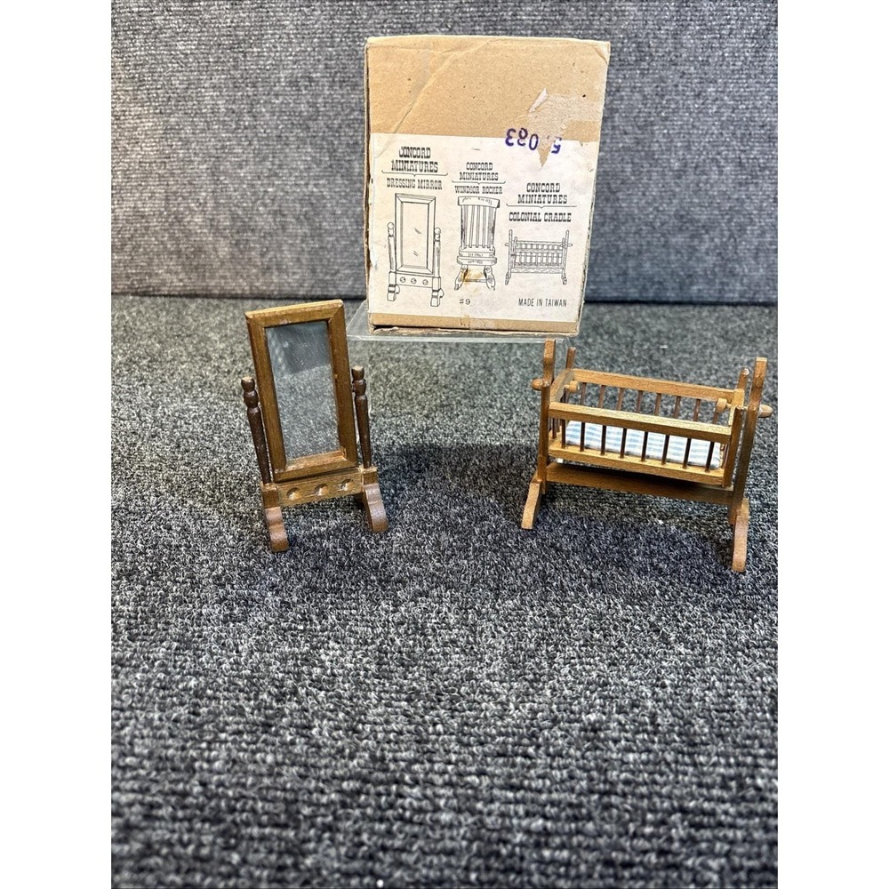 Dollhouse Miniature Wood Baby Cradle Crib & Dress Mirror~Made in Taiwan